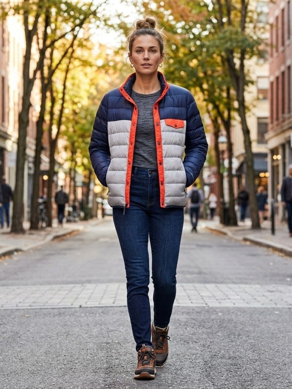 Eddie Bauer EB650 Women’s Medium Down Puffer Jacket – Navy/Gray Orange Accents